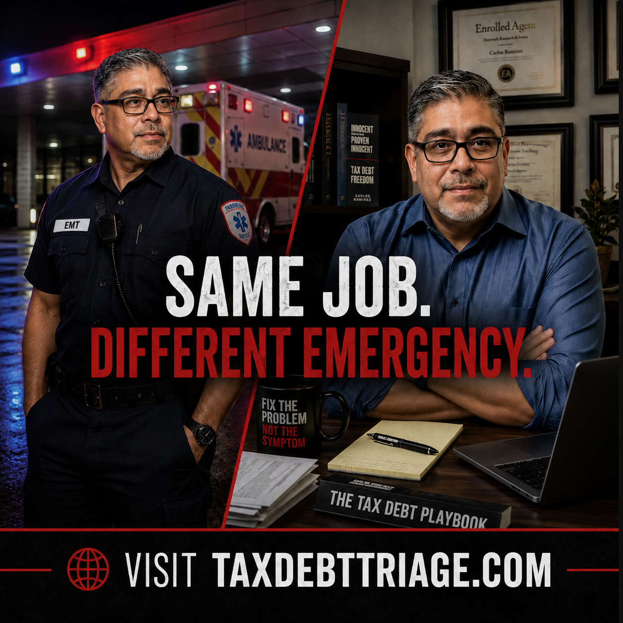 Carlos Samaniego as an EMT and as an Enrolled Agent: same job, different emergency